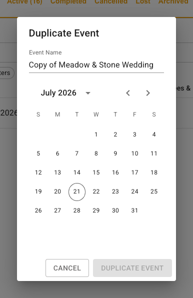 FlowerBuddy Duplicate Event dialog showing the copied event information that can be reviewed before creating a separate event record.