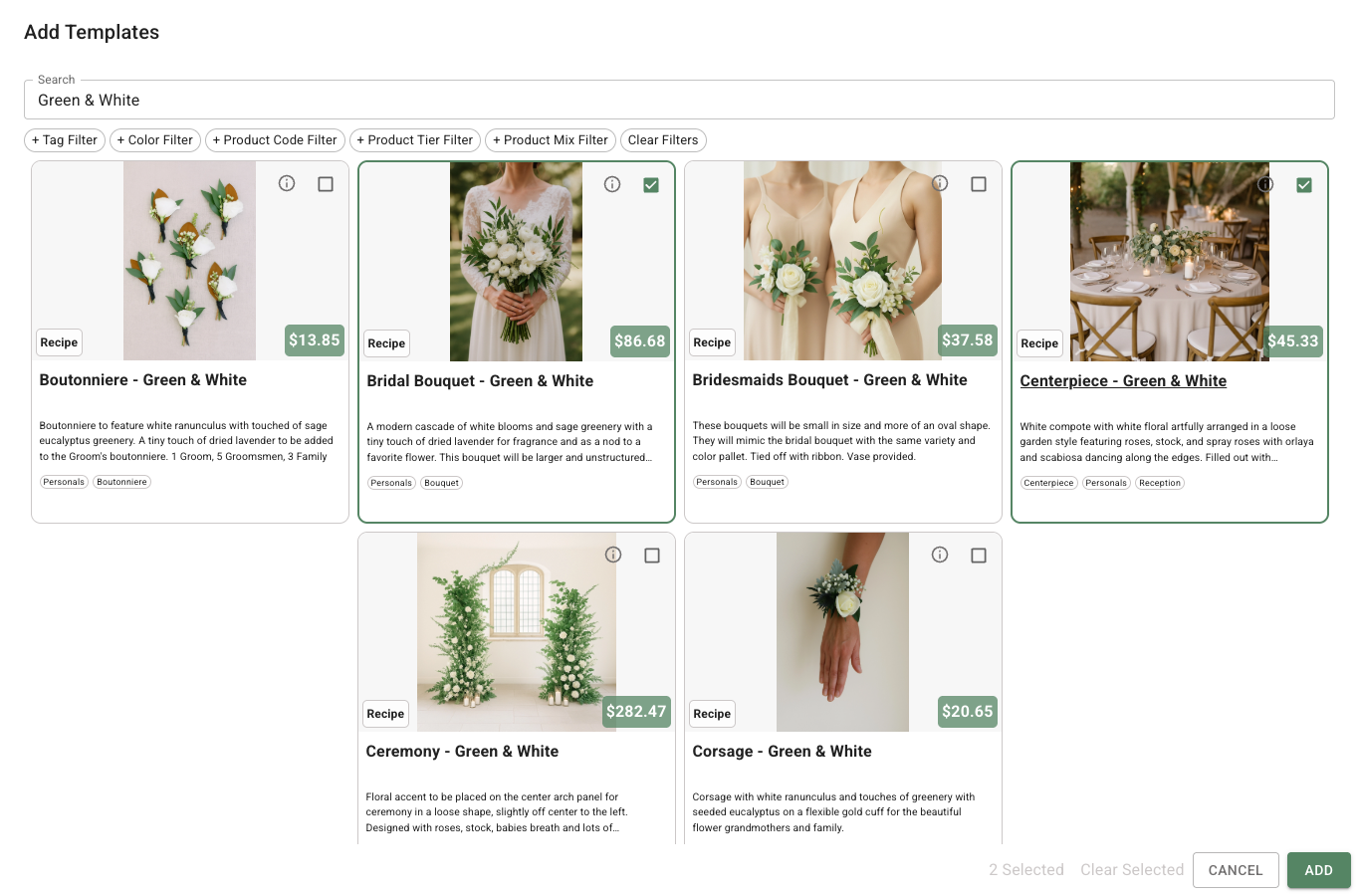 FlowerBuddy Add Templates dialog filtered to Green and White recipes, with Bridal Bouquet and Centerpiece selected and the selected count and Add button at the bottom.