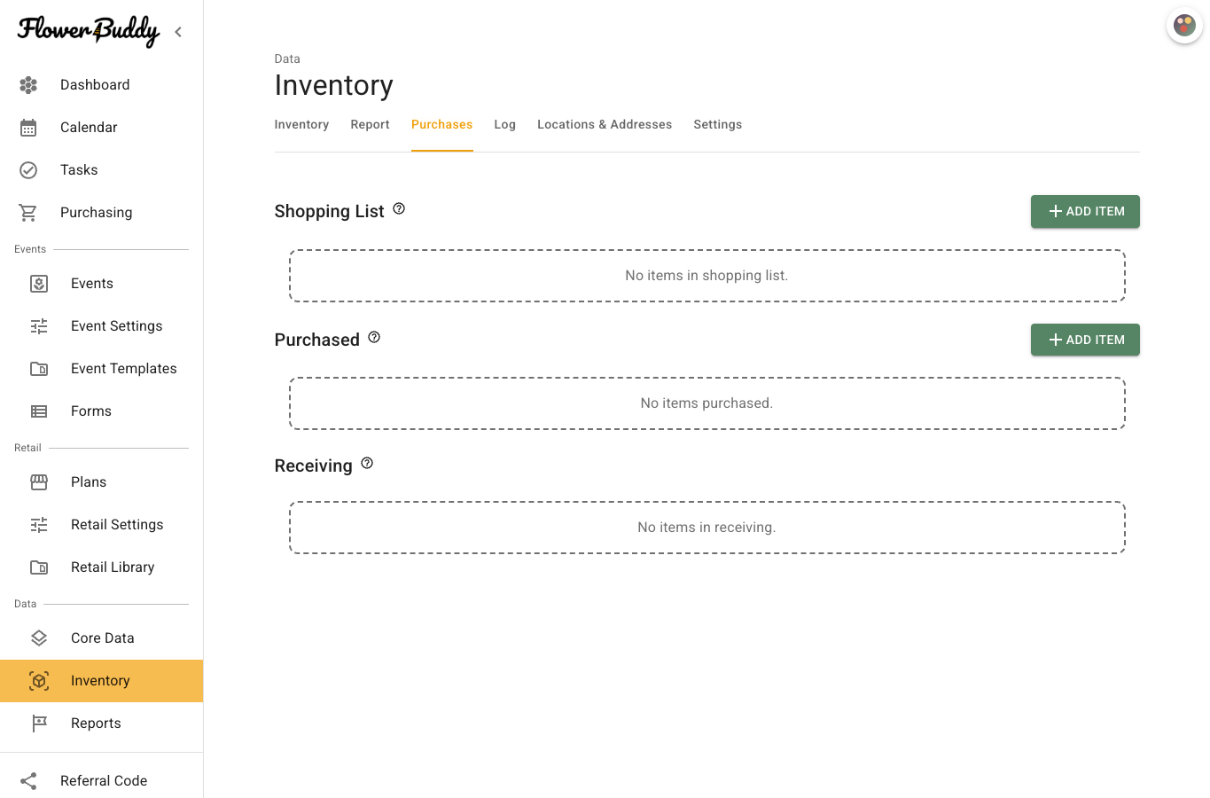 Purchases tab with inventory purchase stages for Additional Needed, Purchased, and Receiving.