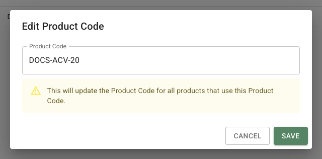 FlowerBuddy Edit Product Code dialog showing DOCS-ACV-20 and a warning that the change updates every product using the code.