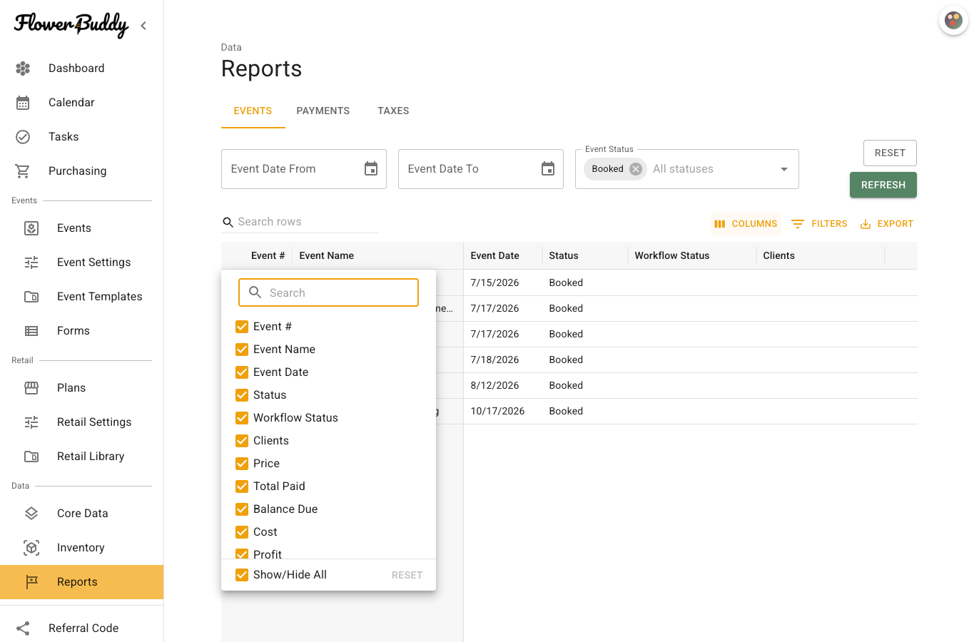 Events report with the Columns menu open to choose visible table columns.