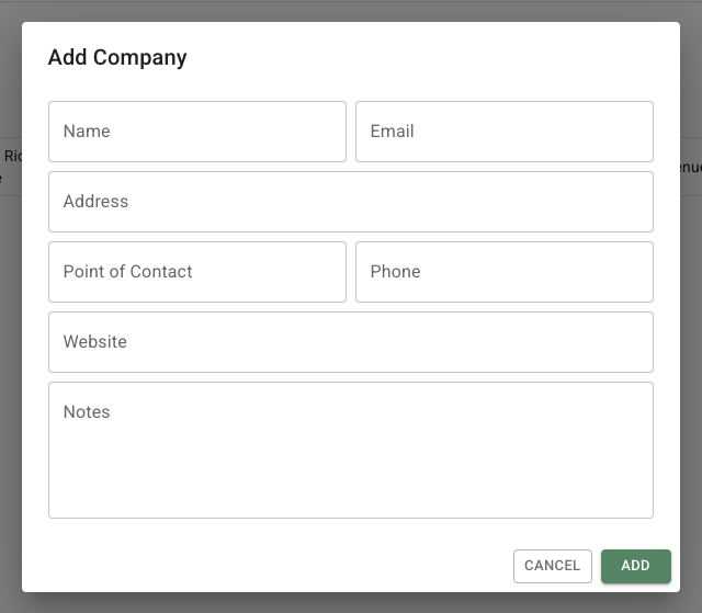 FlowerBuddy Add Company dialog with contact, address, and notes fields.