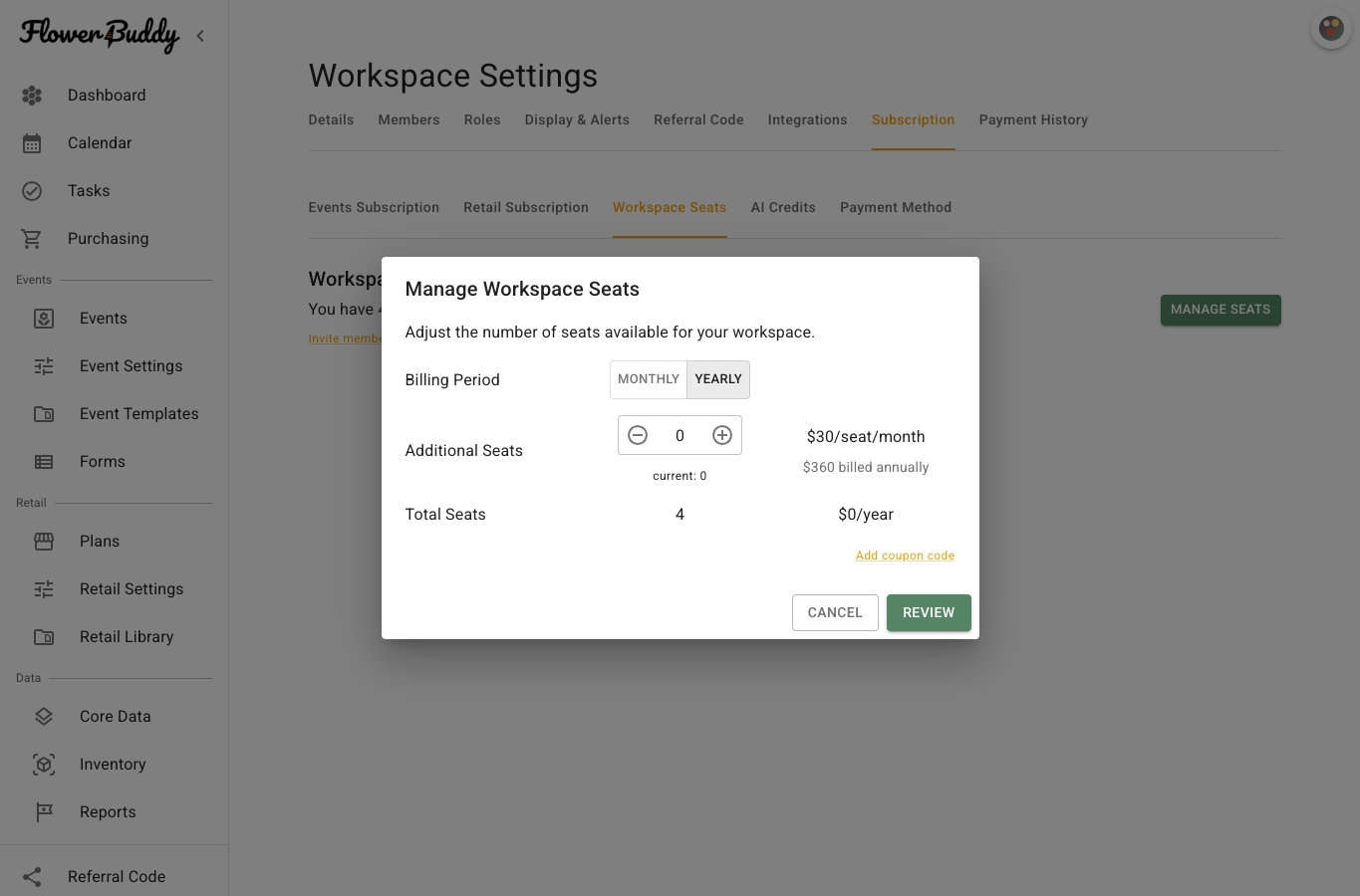 Manage Workspace Seats dialog with Billing Period, Additional Seats controls, Total Seats, Add coupon code, Cancel, and Review.
