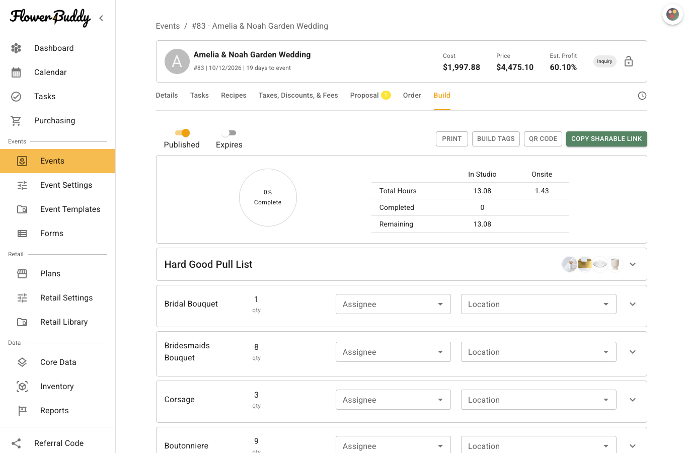 FlowerBuddy Event Page with the Build tab selected. The page shows completion and labor totals above a Hard Good Pull List and recipe cards with quantities, assignees, and locations.