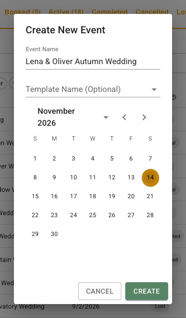 Create New Event dialog filled with an event name, an optional template field, a selected November 14 2026 date, and the Create button