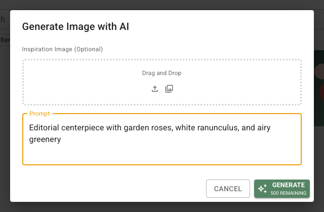 FlowerBuddy Generate Image with AI dialog with a detailed arrangement prompt and an optional inspiration image area.