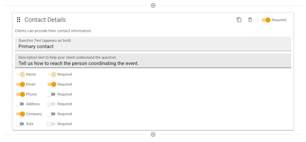Contact Details field card in the FlowerBuddy Form Editor, with a drag handle at the upper left, duplicate and delete icons at the upper right, a Required switch, question and description fields, and contact options below.