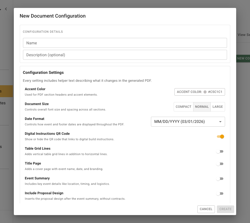 The New Document Configuration dialog contains Name and Description fields, Configuration Settings, Accent Color, Document Size, Date Format, Digital Instructions QR Code, Table Grid Lines, section switches, and Cancel and Create buttons.