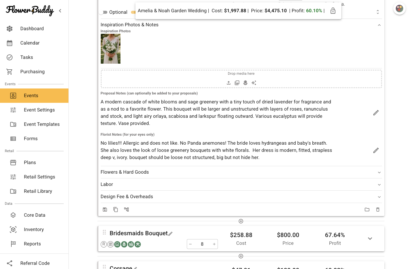 Expanded Inspiration Photos & Notes section of a Bridal Bouquet recipe, with populated Proposal Notes describing the bouquet and Florist Notes giving the floral team design preferences and flowers to avoid. Each note field has a pencil icon for editing.