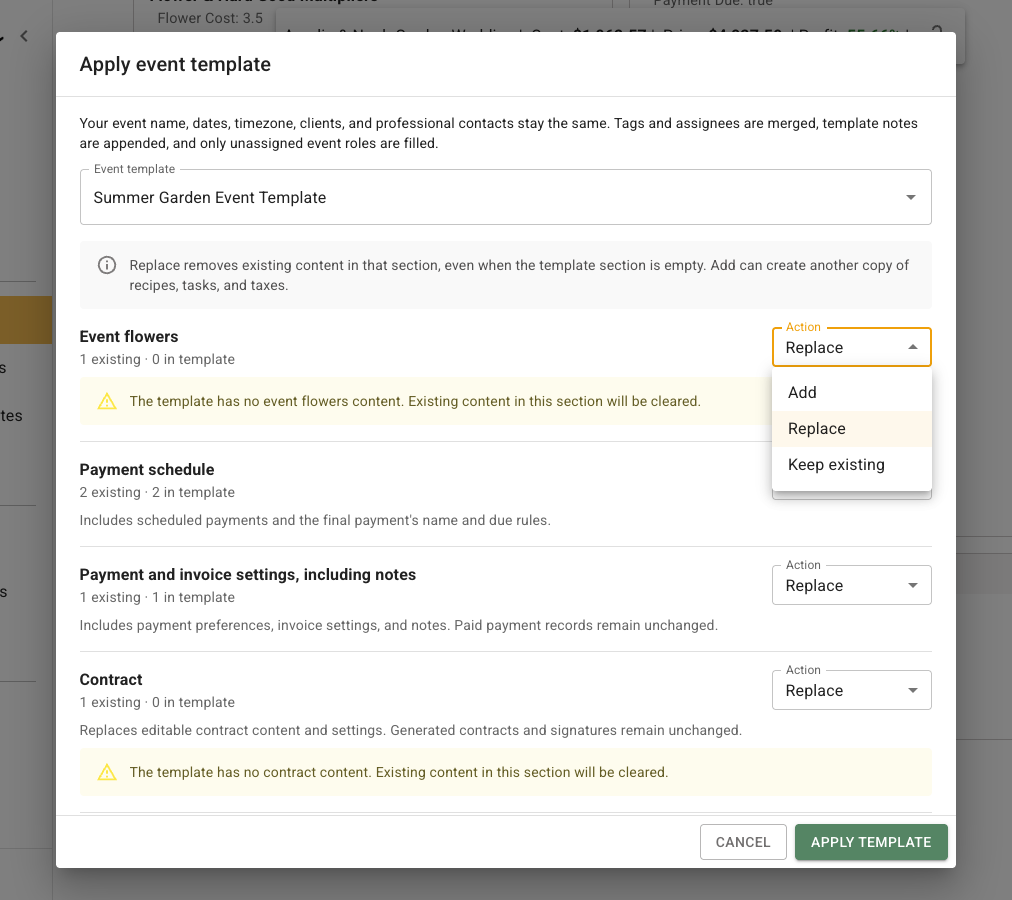 FlowerBuddy Apply event template dialog with the Event flowers Action menu open, showing Add, Replace, and Keep existing without applying the template.