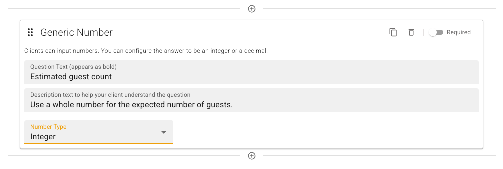 Generic Number field in the FlowerBuddy Form Editor, with Estimated guest count as the question and Integer selected under Number Type.