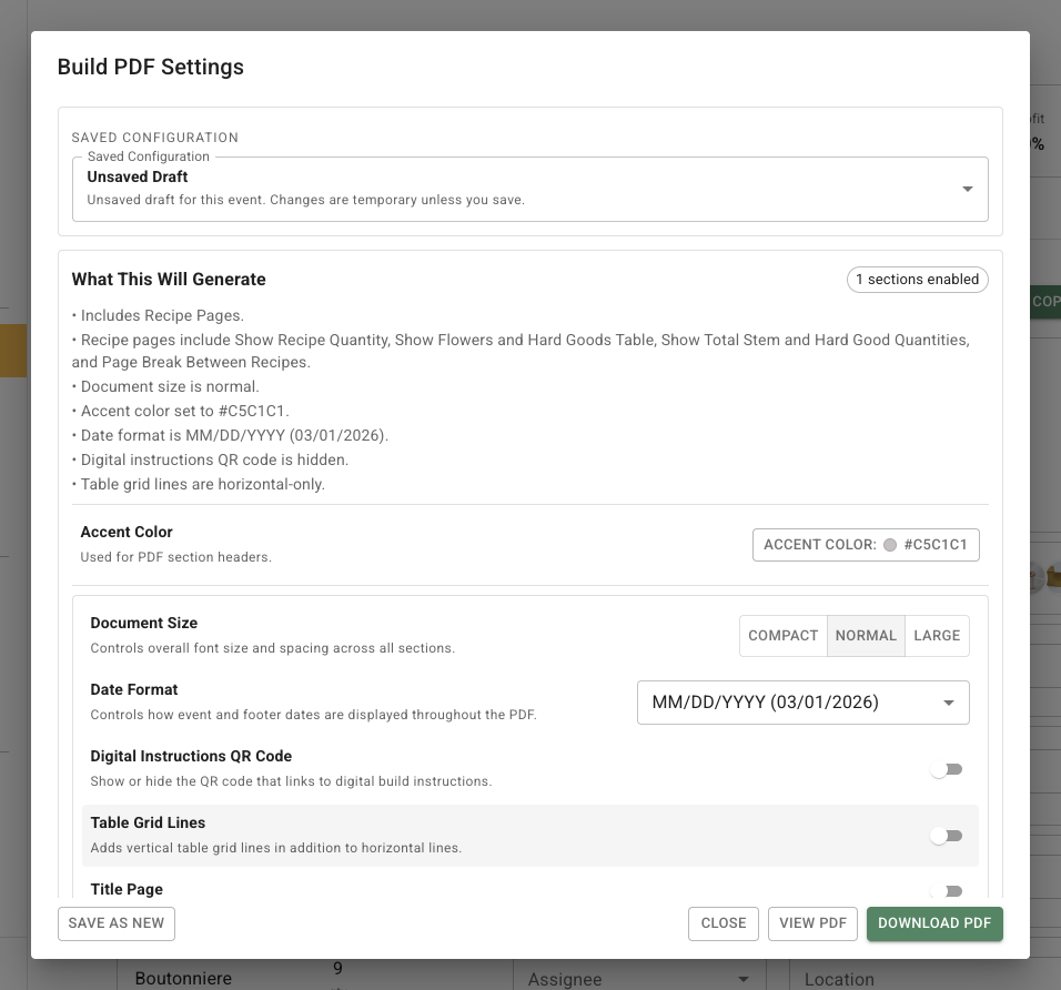 FlowerBuddy Build PDF Settings dialog showing Recipe Pages enabled, the What This Will Generate summary, and enabled View PDF and Download PDF controls.