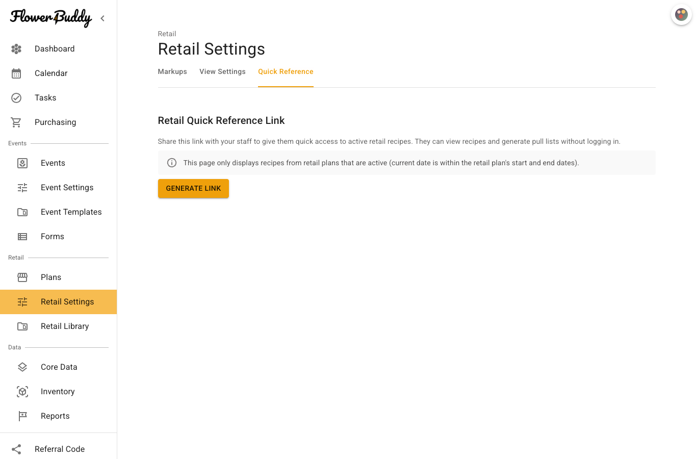 Retail Settings Quick Reference tab with Generate Link, explaining that staff can view active retail recipes and create pull lists without logging in.