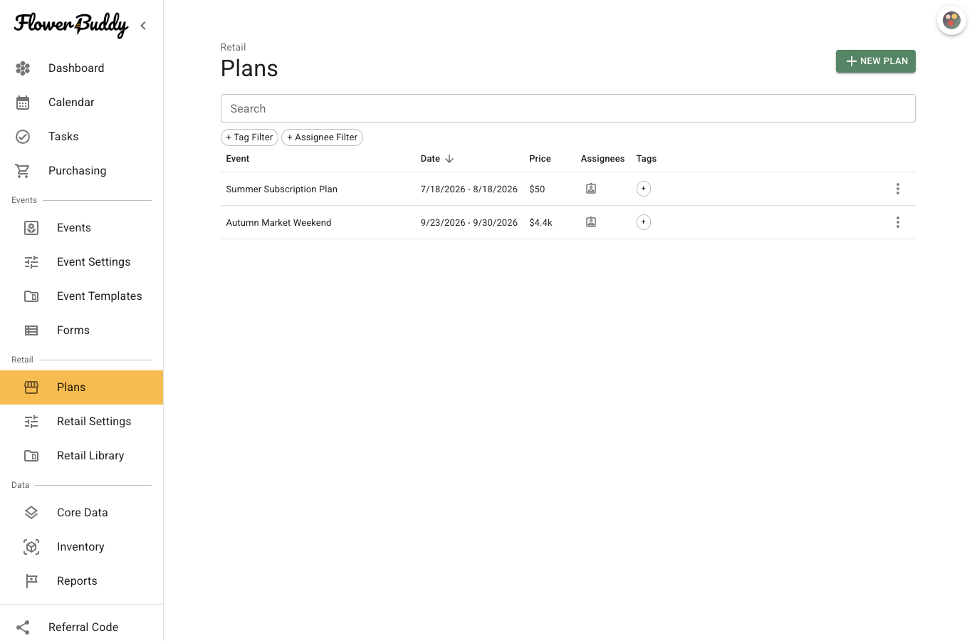 FlowerBuddy Plans page with the New Plan button and Search field above a retail-plan list.
