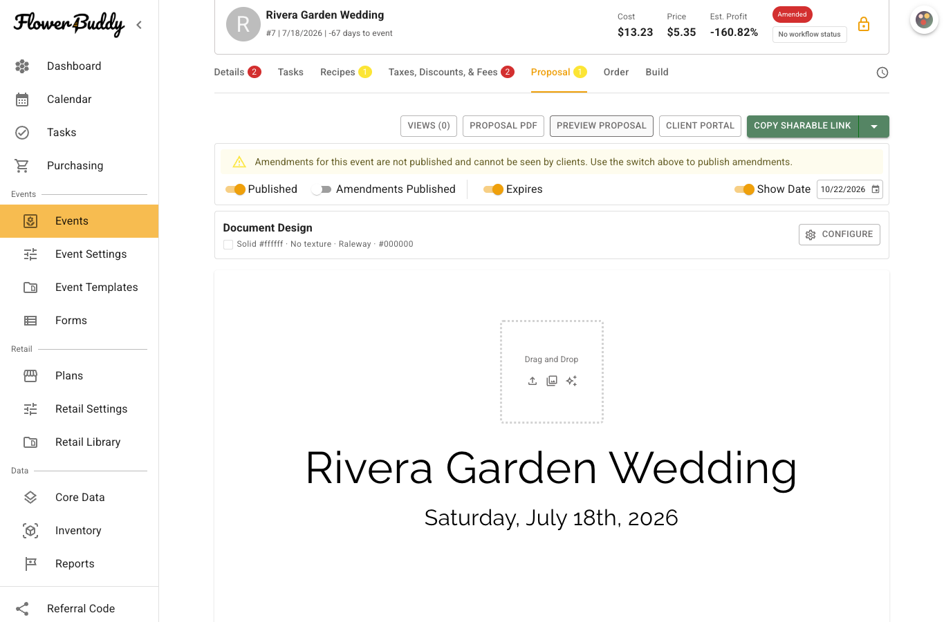 FlowerBuddy Proposal tab on an amended event, with the Amended indicator in the event summary and separate Published and Amendments Published switches above the proposal design.