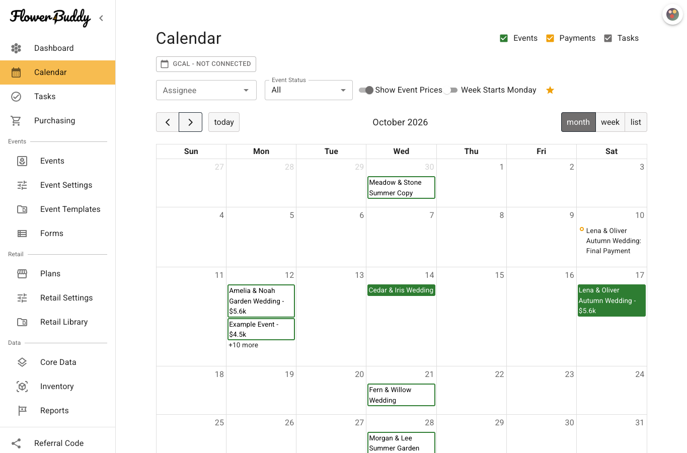 FlowerBuddy Calendar in month view for September 2026, with dated event, payment, and task entries. The header includes Events, Payments, and Tasks filters, Event Status, Show Event Prices, Week Starts Monday, date navigation, Month, Week, List, and the GCal - NOT CONNECTED control.