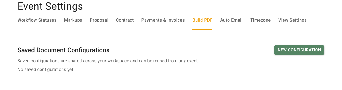 The Build PDF tab is selected in Event Settings. The Saved Document Configurations area says saved configurations are shared across the workspace and can be reused from any event, with a New Configuration button.