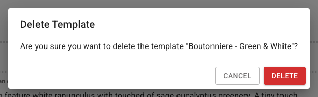 Recipe template deletion confirmation dialog with Cancel and Delete actions