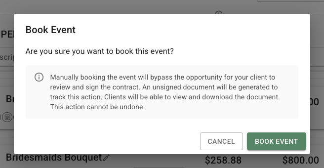 FlowerBuddy Book Event confirmation with the warning that manual booking bypasses client signing, creates an unsigned document, and cannot be undone, above Cancel and Book Event buttons.