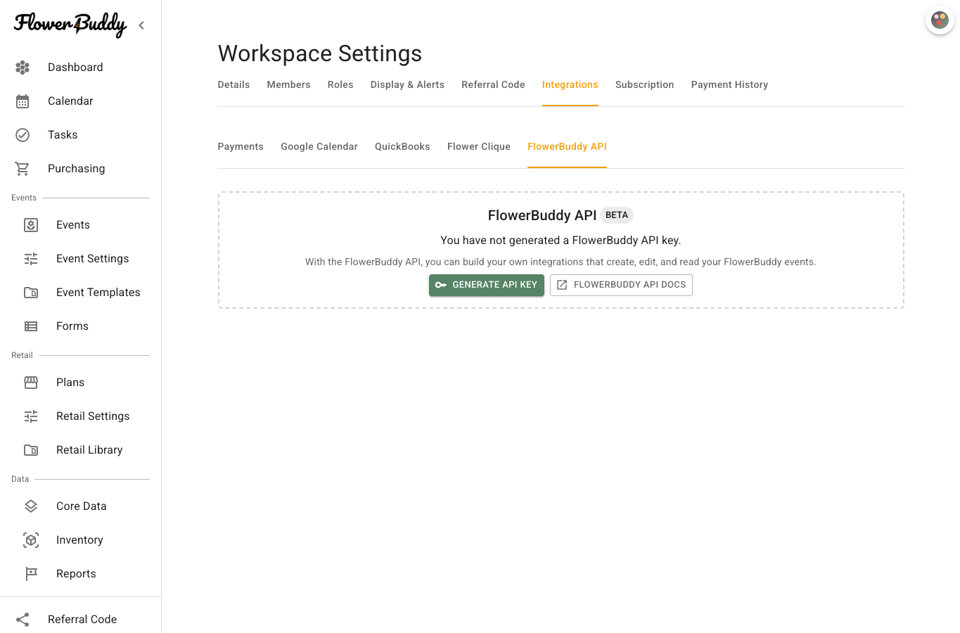 FlowerBuddy API tab showing that no API key has been generated, with Generate API Key and FlowerBuddy API Docs buttons.