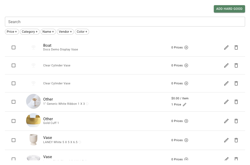 FlowerBuddy Materials tab showing reusable hard-good records, price counts, and edit controls.