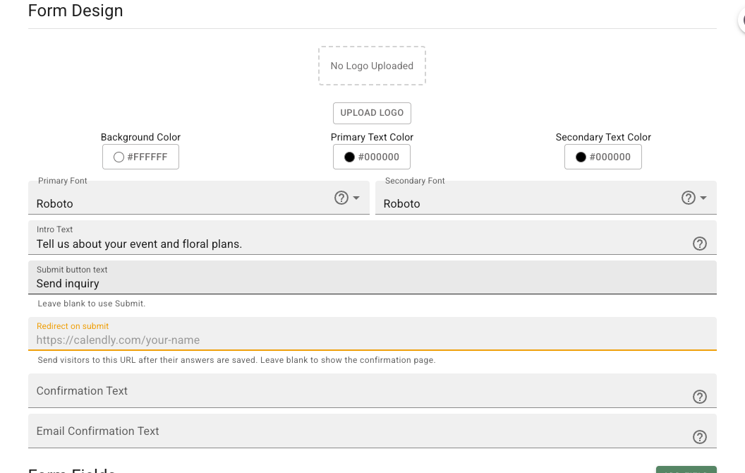 FlowerBuddy Form Design section showing Upload Logo, color and font controls, Intro Text filled with an event inquiry introduction, Send inquiry as the submit button text, and redirect and confirmation fields below.