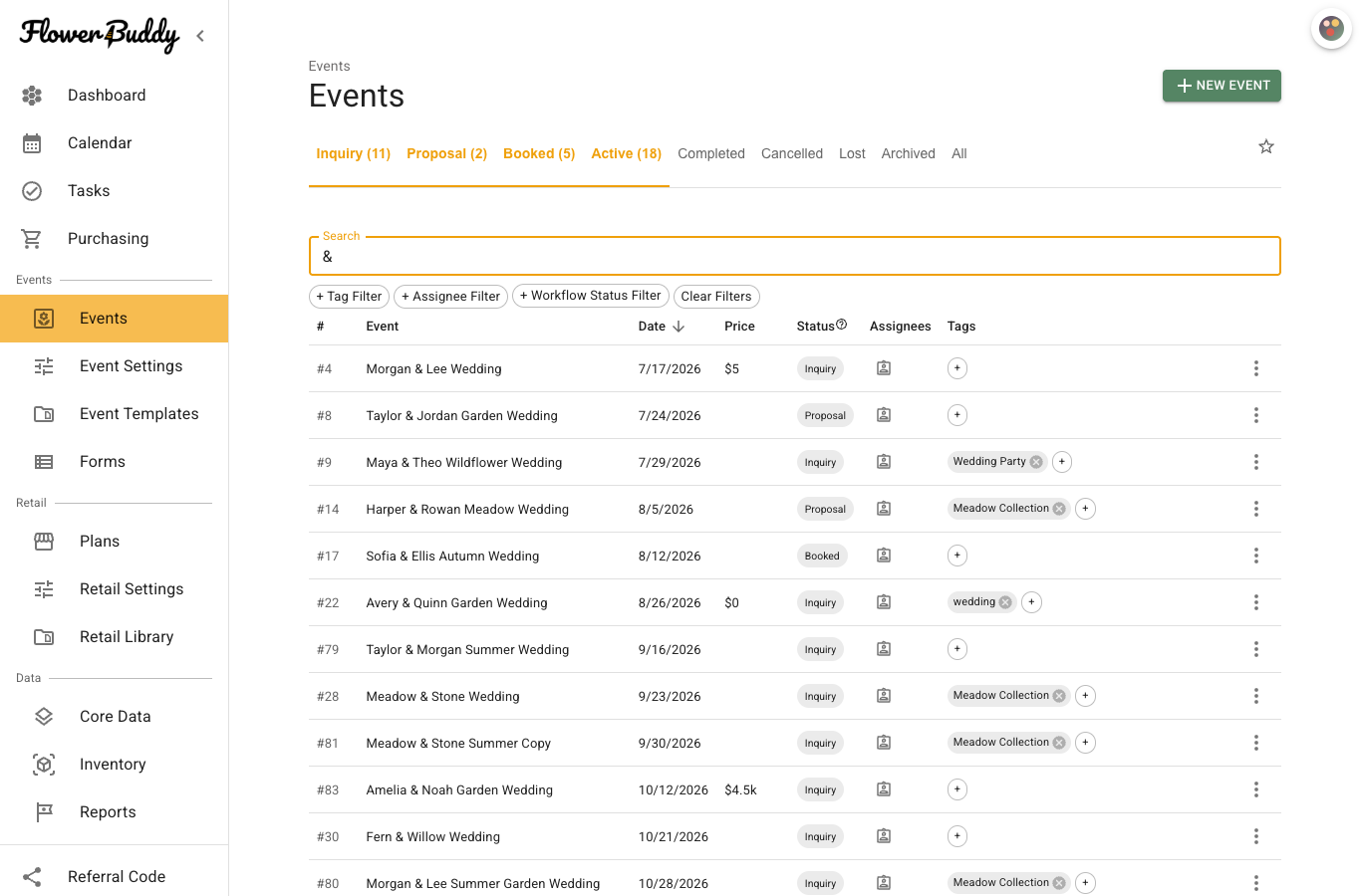 FlowerBuddy Events page with the Active view selected and a search for an ampersand showing wedding events. The table lists event names, dates, prices, statuses, assignees, and tags beneath Tag, Assignee, and Workflow Status filters.