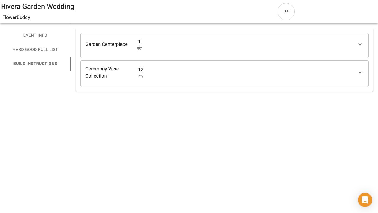 Recipient-facing shared Build page for Rivera Garden Wedding, showing the event header, completion summary, and navigation for Event Info, Hard Good Pull List, and Build Instructions.