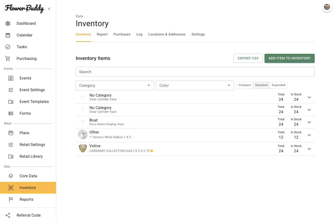 Inventory page with its Inventory, Report, Purchases, Log, Locations & Addresses, and Settings tabs visible above a populated inventory list.