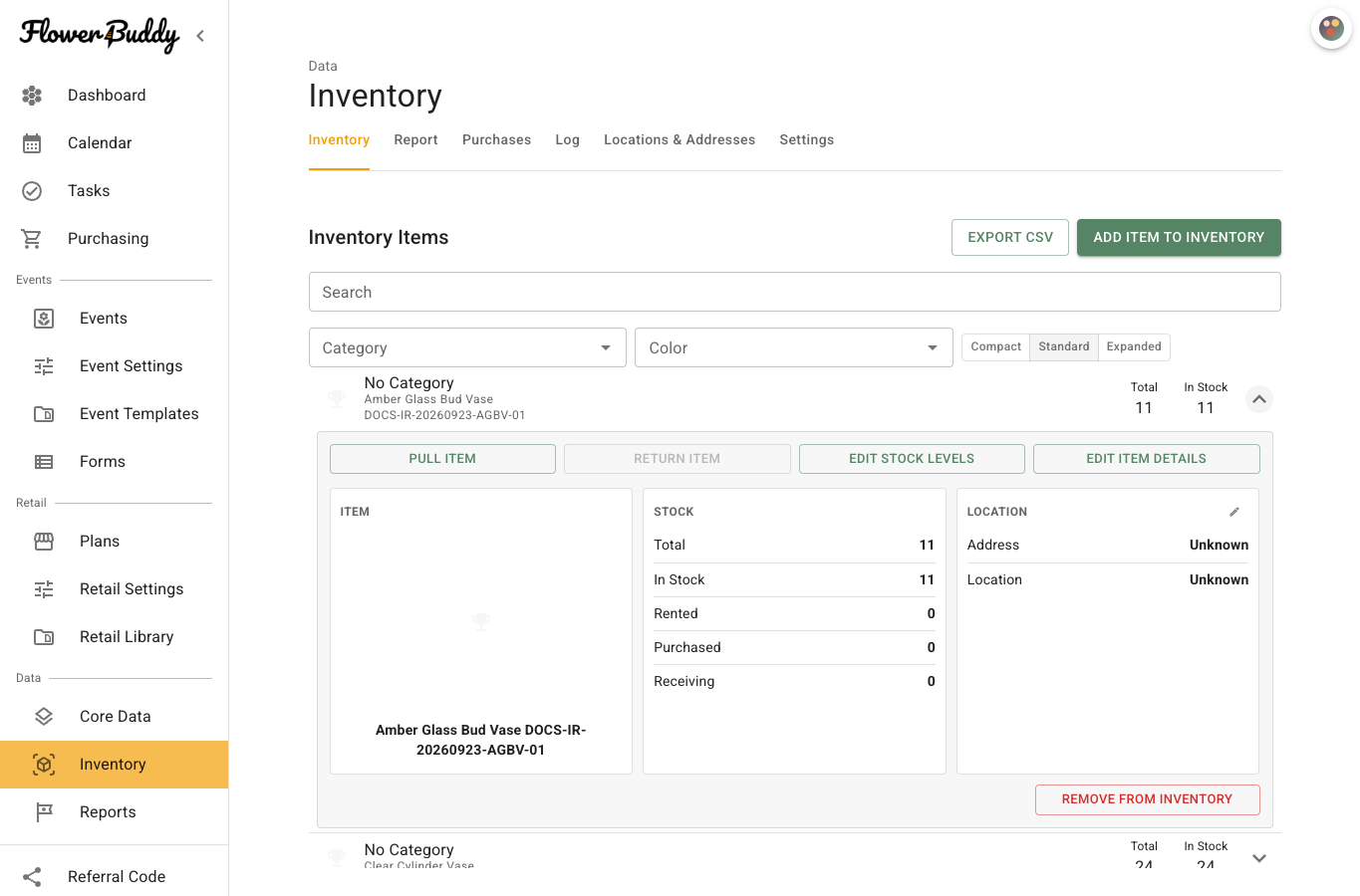 Expanded Amber Glass Bud Vase Inventory item after an adjustment, showing Total and In Stock of 11 with no Rented, Receiving, or Purchased quantity.
