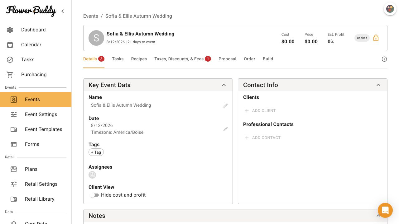 FlowerBuddy Booked Event Page showing a closed padlock and disabled name, date, assignee, and contact controls on the Details tab.