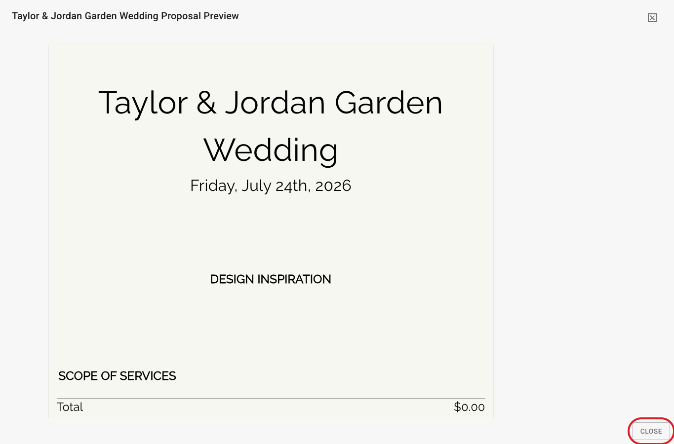 FlowerBuddy Preview Proposal window showing a rendered client-facing proposal with its sections and presentation layout.