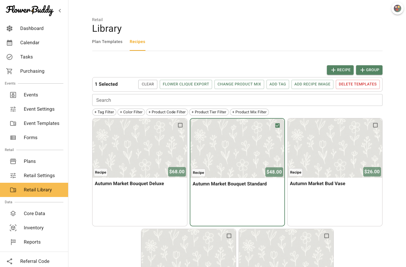 Retail Recipes selection toolbar showing one selected saved recipe, the checked Autumn Market Bouquet Standard card, and Clear to remove the bulk selection.