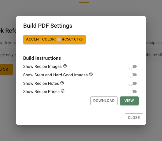 Build PDF Settings dialog showing recipe image, stem and hard-good image, recipe notes, and recipe prices options, with Download and View actions.