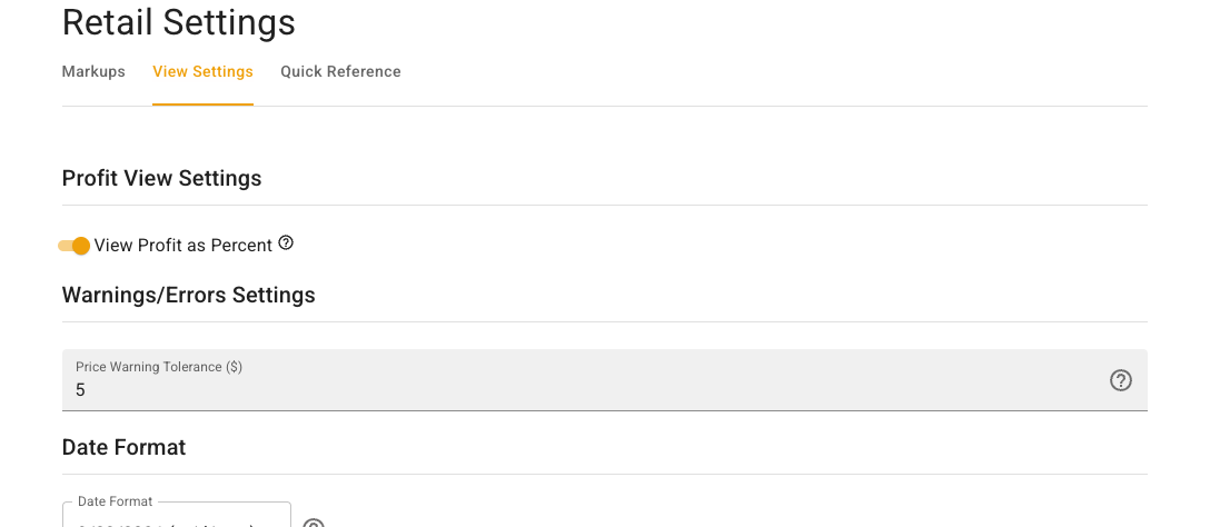 Retail View Settings tab showing Profit View Settings, Warnings and Errors Settings, and Date Format controls.