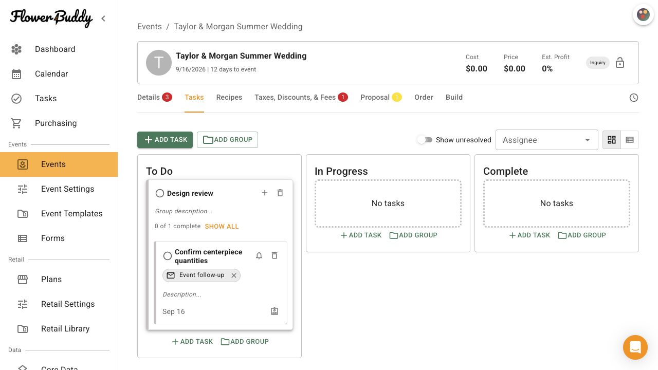 FlowerBuddy Event Page Tasks tab with Show unresolved turned off, showing the Design review group without its unresolved child task.