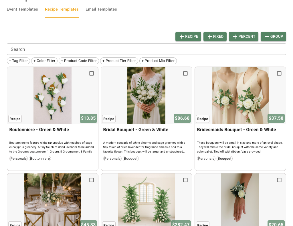 Recipe Templates tab showing Recipe, Fixed, Percent, and Group creation buttons, filter and search controls, and populated recipe template cards with images, names, prices, and tags