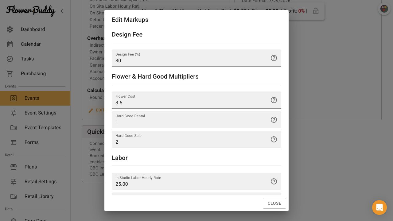 FlowerBuddy Edit Markups dialog showing Design Fee, Flower Cost, Hard Good Rental, Hard Good Sale, and In Studio Labor Hourly Rate fields for one event.