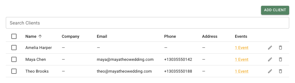 FlowerBuddy Clients tab with searchable client records and event counts.