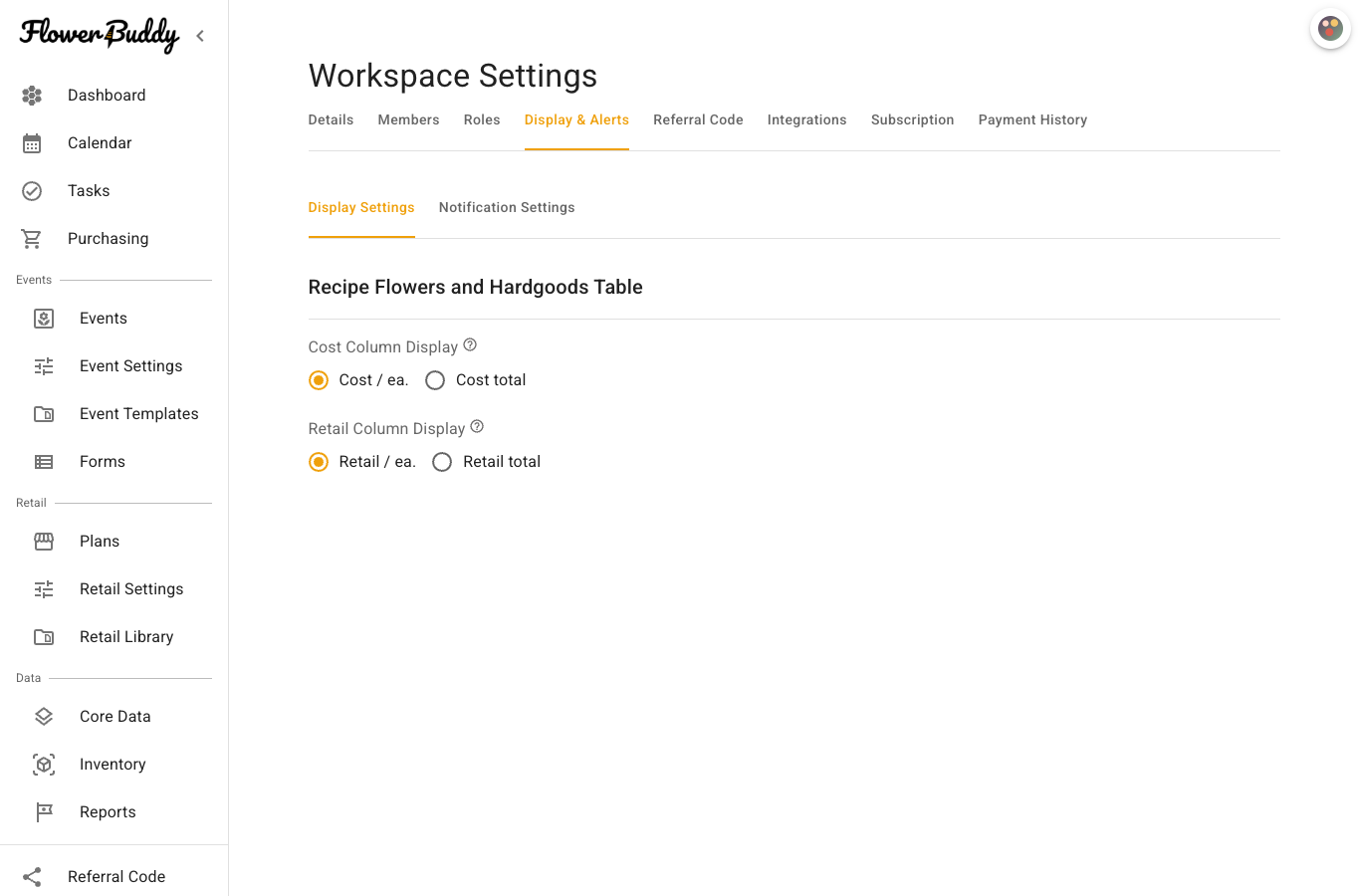 Display and Alerts tab with Display Settings selected, showing Cost Column Display and Retail Column Display choices for Recipe Flowers and Hardgoods tables.