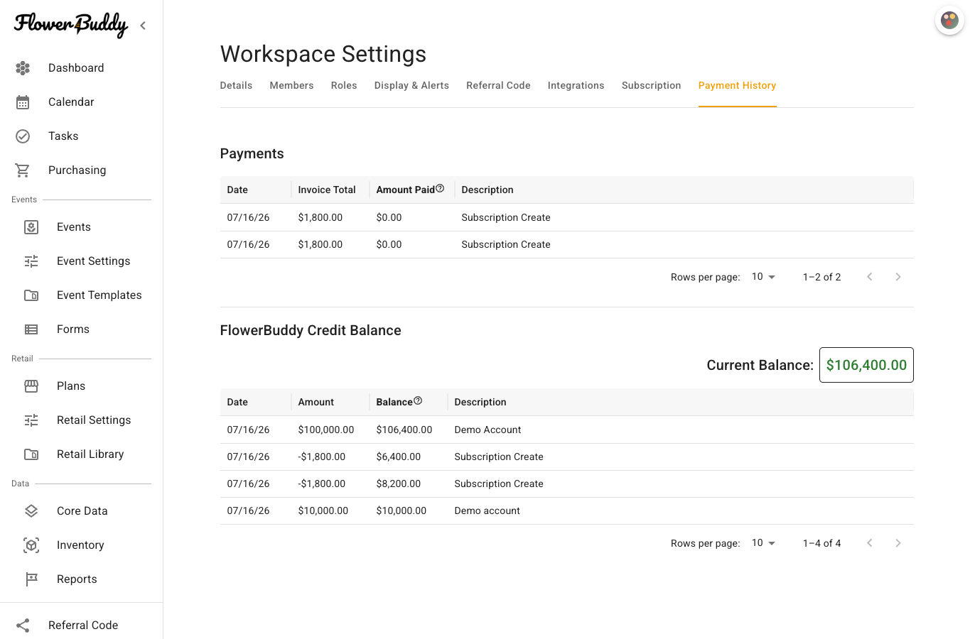 Payment History tab showing FlowerBuddy billing payments, failed-payment area, and FlowerBuddy Credit Balance.