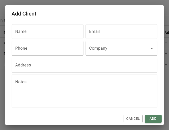 FlowerBuddy Add Client dialog with shared contact, company, address, and notes fields.