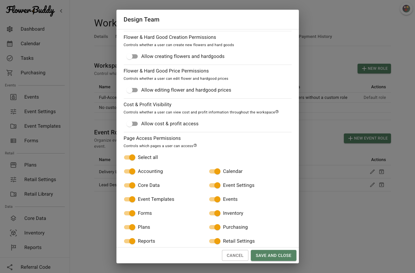 Workspace role editor Page Access Permissions showing Select all and individual switches for Accounting, Calendar, Core Data, Event Settings, Event Templates, Events, Forms, Inventory, Plans, Purchasing, Reports, and Retail Settings.