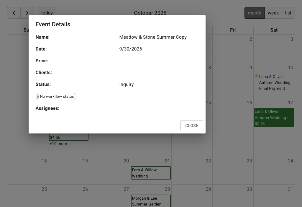 FlowerBuddy Calendar Event Details dialog for Meadow and Stone Summer Copy, showing the event name link, September 30 2026 date, Inquiry status, No workflow status, assignees area, Close button, and the October calendar behind the dialog.