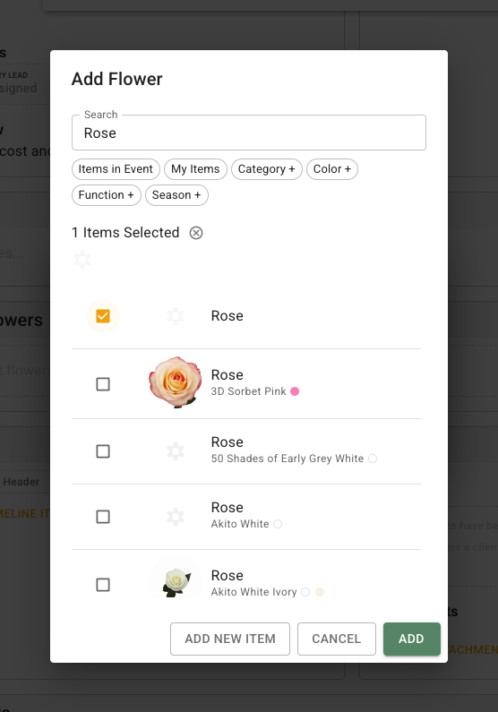FlowerBuddy Add Flower dialog with a search for Rose, selectable flower rows, a selected-item count, and the Add button for placing the selection in the event palette.