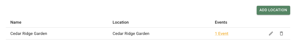 FlowerBuddy Locations tab listing saved locations and related event counts.