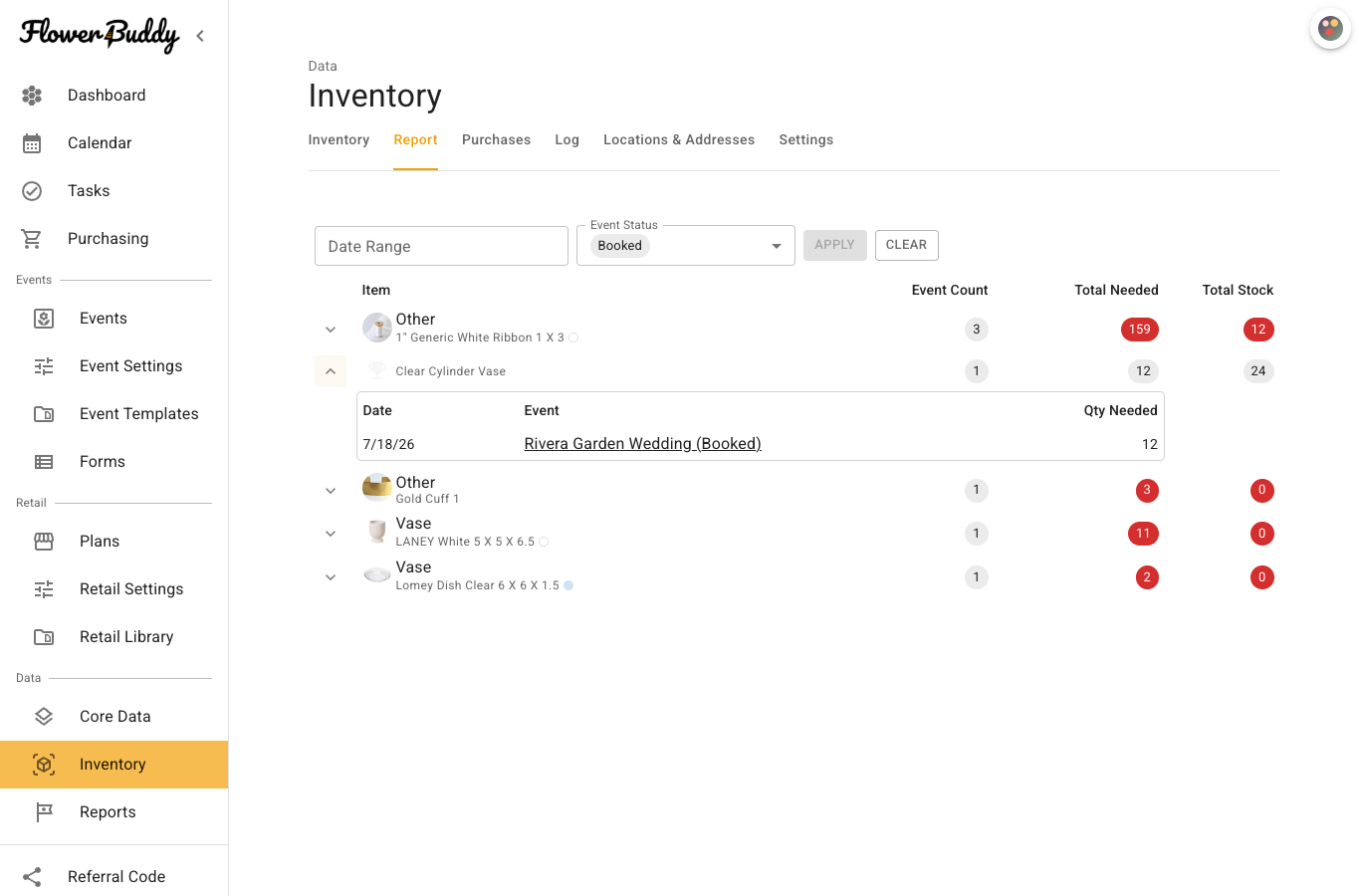 Populated Inventory Report filtered to Booked, with Clear Cylinder Vase expanded to show Rivera Garden Wedding needing 12 vases against 24 in Total Stock, and red shortage quantities on other items.