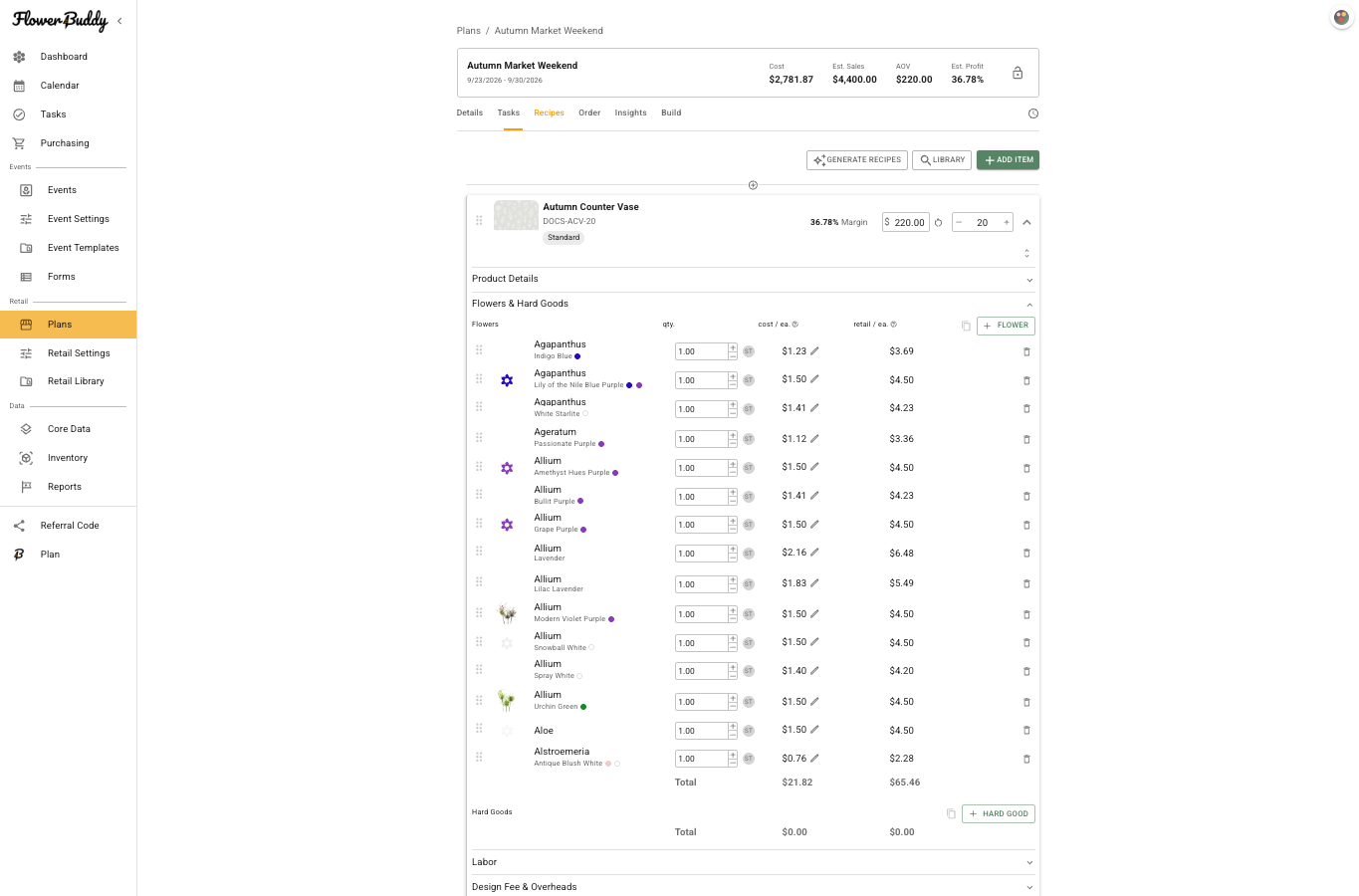 Expanded Flowers and Hard Goods section showing flower ingredient quantities, unit costs, retail values, and the Add Flower control.
