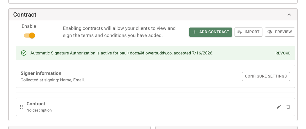 FlowerBuddy Event Template Details tab with Contract expanded. The section shows Enable, Add Contract, Import, Preview, and signer information controls for reusable contract content.