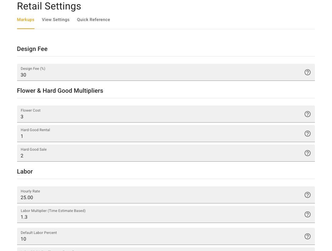 Retail Settings Markups tab showing Design Fee, Flower and Hard Good Multipliers, and Labor fields with workspace example values.